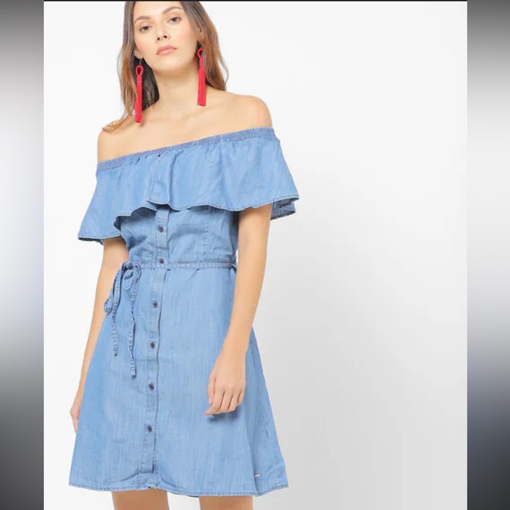 Tommy Hilfiger Off-Shoulder Blue Midi Dress